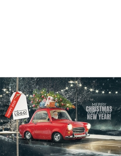 Weihnachtskarte   Weihnachtsmann im Retro Auto Rückseite/Vorderseite